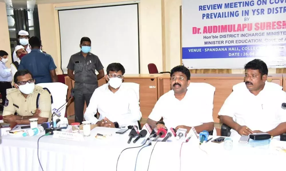 District in-charge Minister A Suresh addressing media in Kadapa on Monday. Deputy Chief Minister Amzath Basha is also seen