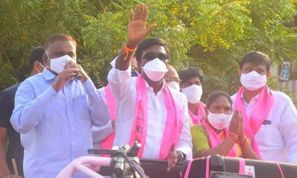 Transport Minister Puvvada Ajay Kumar participating in a rally at Khammam as part of election campaign on Monday