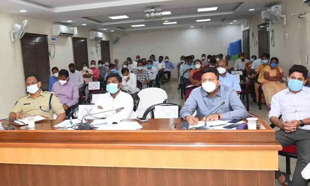 Collector Gandham Chandrudu and SP B Sathya Yesu Babu participating in CM’s review meeting through video conference in Anantapur on Tuesday