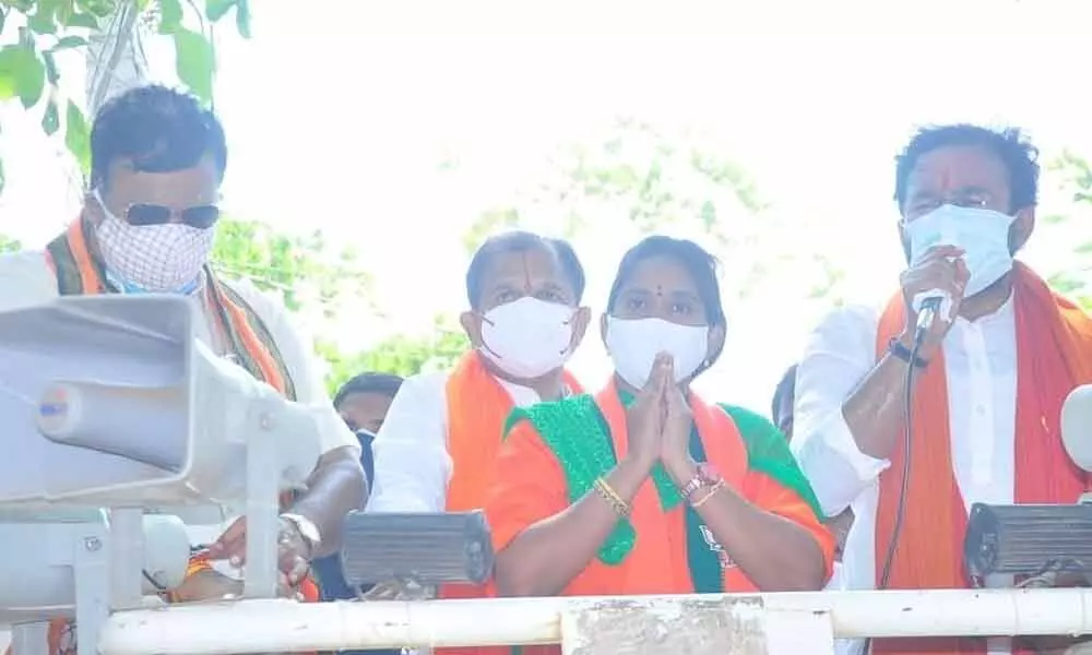 Union Minister of State for Home Affairs G Kishan Reddy participating in a roadshow for Khammam Municipal election campaign in Khammam on Tuesday