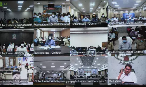 Chief Minister Y S Jagan Mohan Reddy interacts with District Collectors and SPs as part of Spandana programme on Tuesday