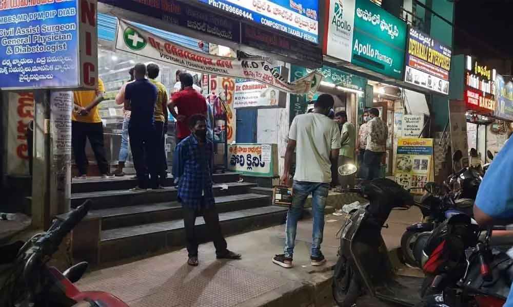 People visiting medical stores at Bhaji junction in Visakhapatnam