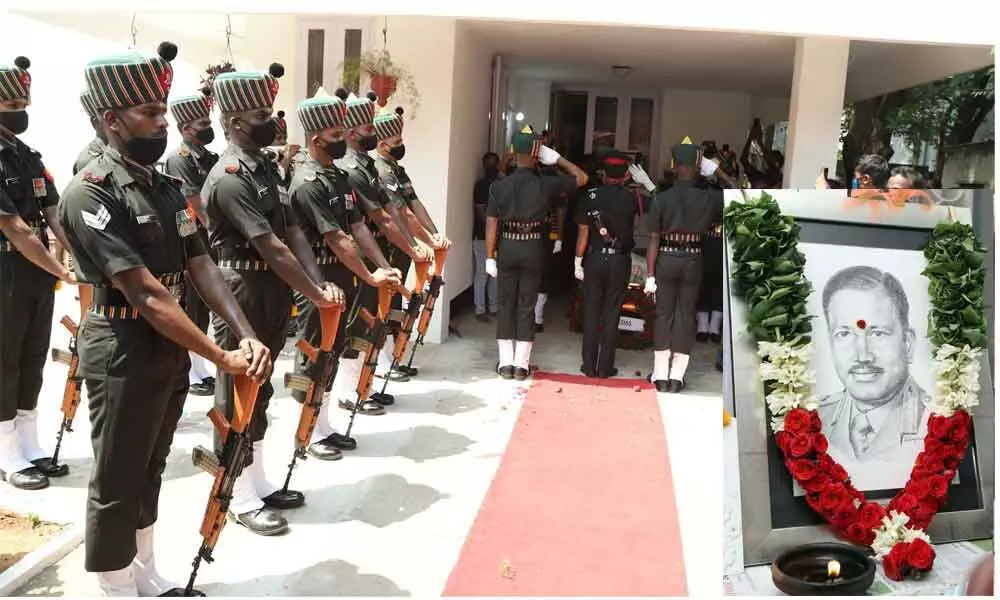 Army personnel paying their last respects to Retired Major General Chittoor Venugopal at his residence in Tirupati on Wednesday. (Inset) File picture of Major General Chittoor Venugopal.