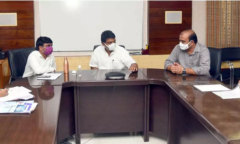 Minister Perni Nani holding a meeting with officials in Vijayawada on Wednesday