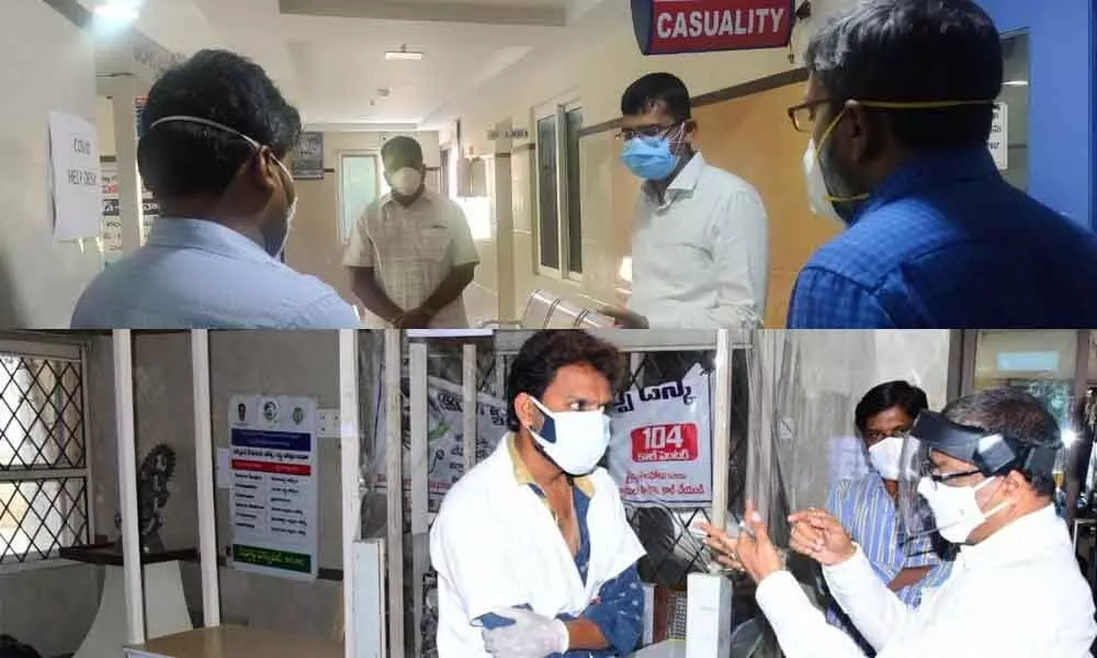 KMC Commissioner Swapnil Dinakar Pundkar inspecting the Covid -19 designated hospital in Kakinada (Top); Zilla Parishad CEO NVV Satyanarayana inspecting Sri Akshra Covid-19 hospital in Kakinada on Wednesday (Bottom)