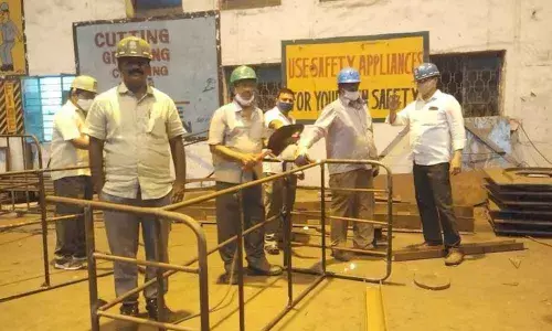 UERS employees making cots for the purpose of VSP general hospital in Visakhapatnam on Wednesday