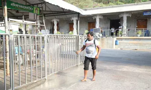 Sanitisation exercise being carried out on Simhachalam temple premises in Visakhapatnam.