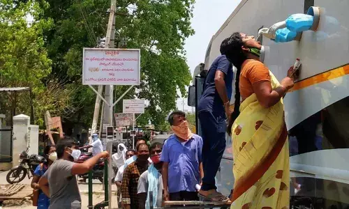 People make a beeline at Sanjivini Bus opposite D Mart for Covid tests in Ongole on Thursday