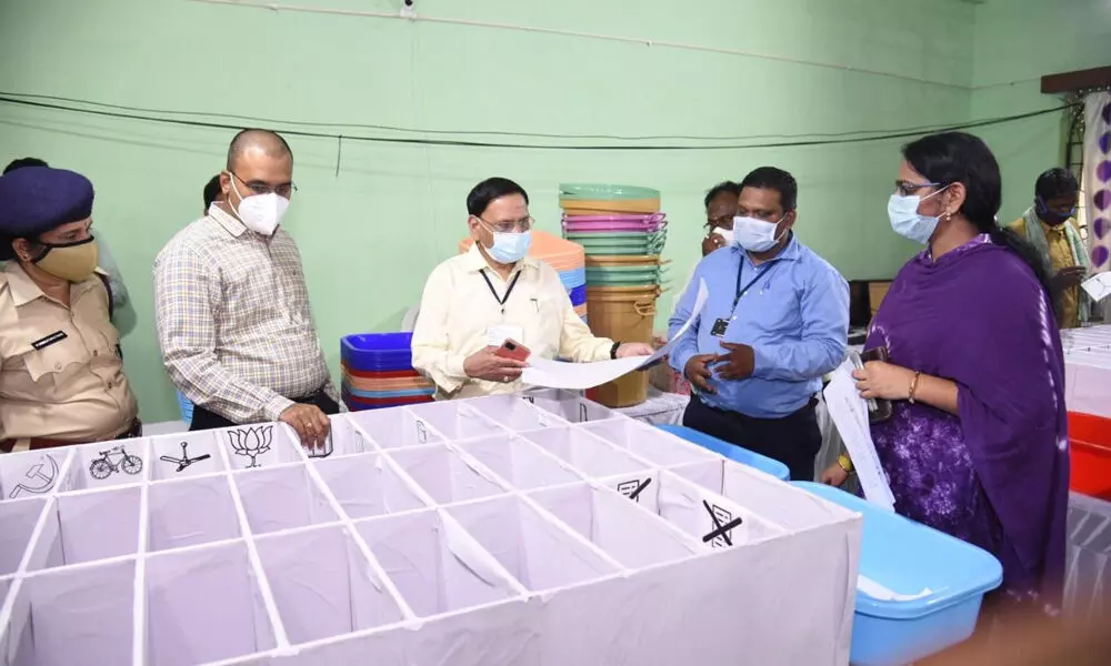 Returning Officer and Nellore Collector KVN Chakradhar Babu and other officials observing counting arrangements at DKW College in Nellore on Friday