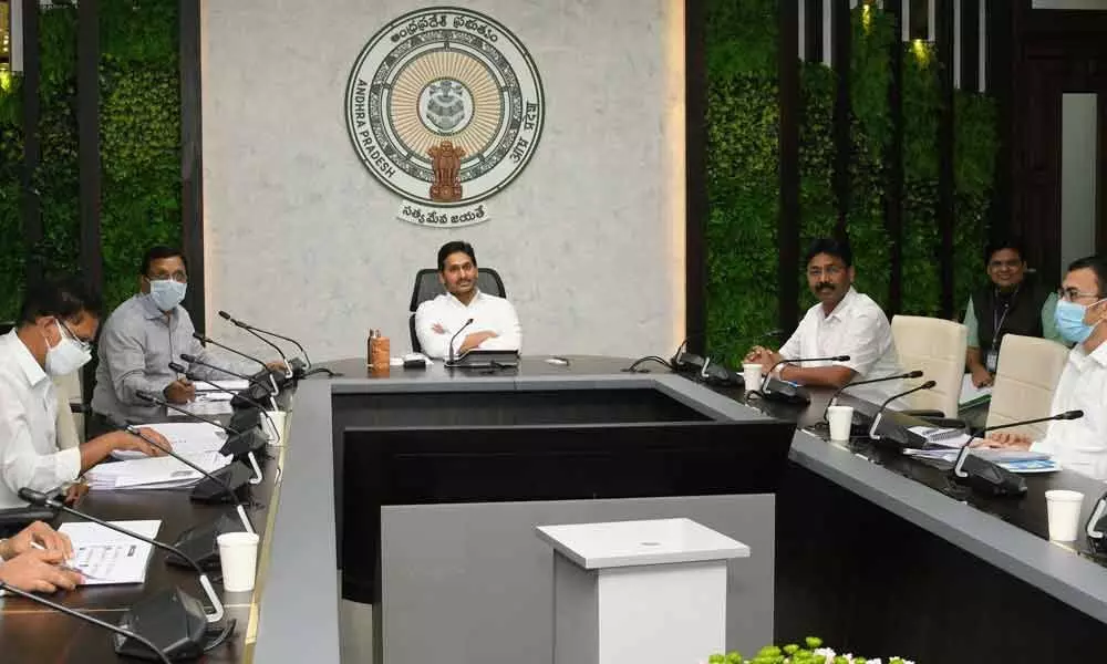 Chief Minister Y S Jagan Mohan Reddy reviews progress of Manabadi-Nadu Nedu works at his camp office in Tadepalli on Friday