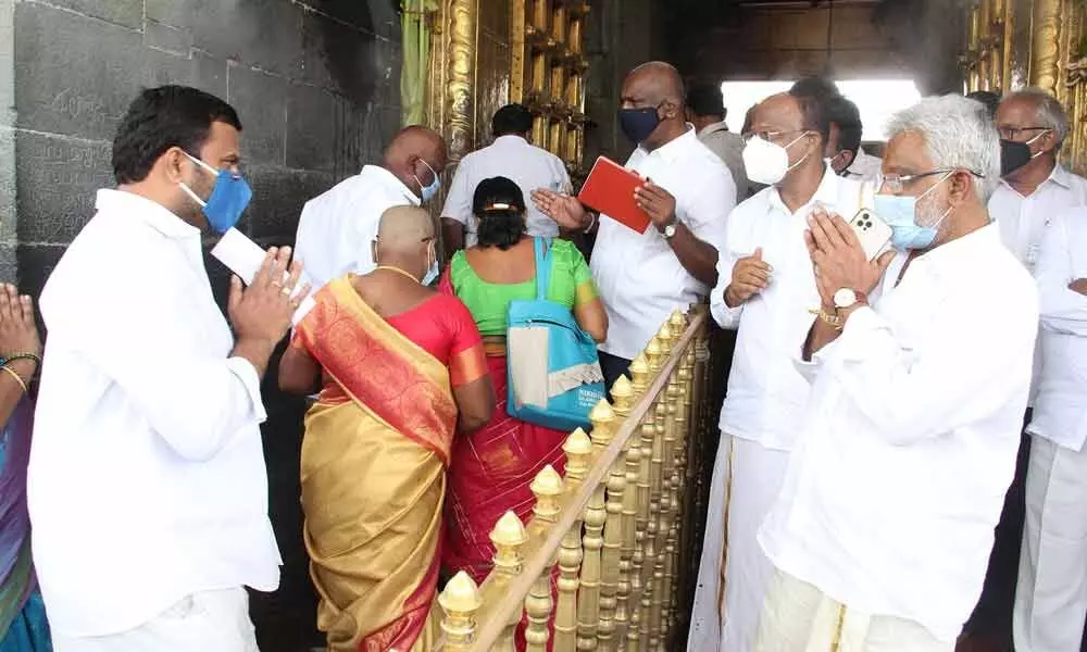 TTD chairman Y V Subba Reddy and additional EO A V Dharma Reddy inspecting safety measures at queue complex at Tirumala on Friday