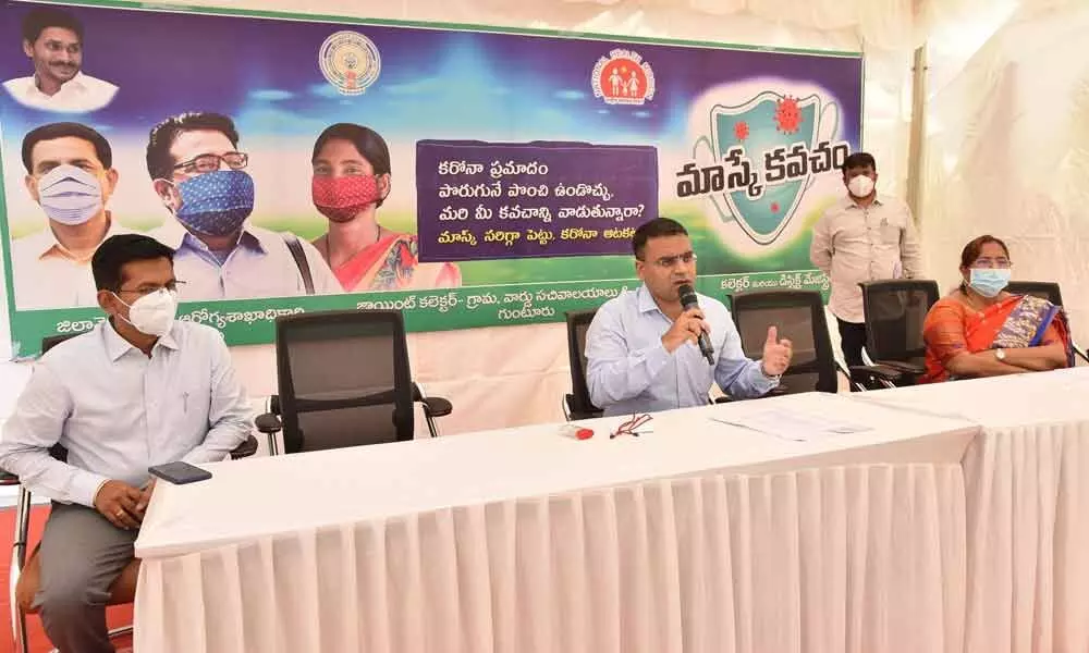 District Collector Vivek Yadav addressing media in Guntur on Friday. Joint Collector AS Dinesh Kumar also seen