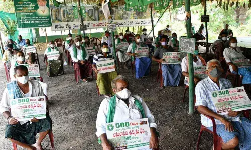 Amaravati capital regiona farmers take part in a protest marking the completion of 500 days at Velagapudi on Friday