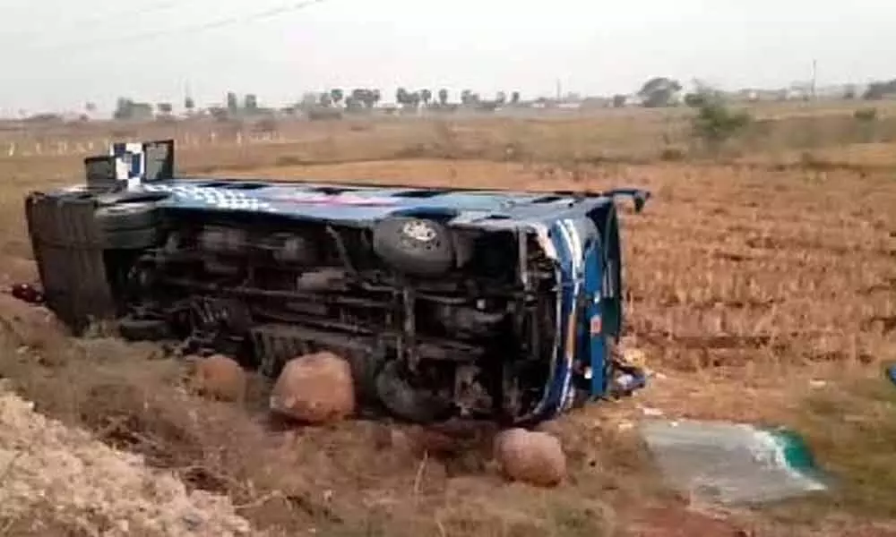 10 injured as private travels bus turns turtle