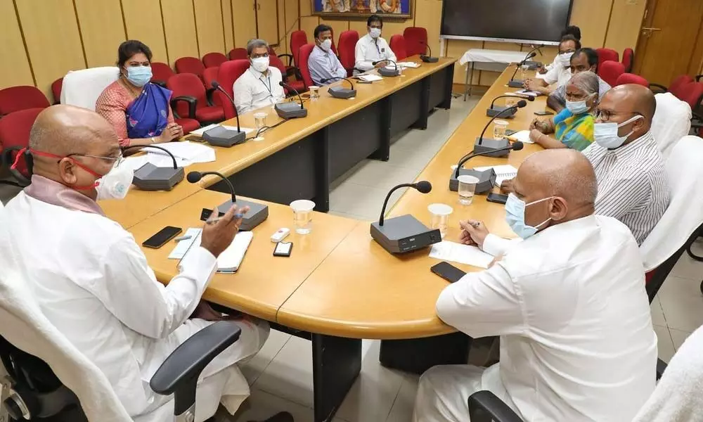 TTD EO K S Jawahar Reddy holding a meeting with senior officials in Tirupati on Saturday