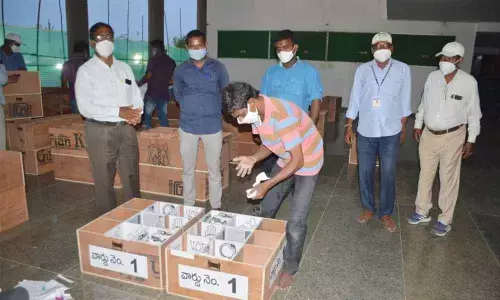 Arrangements at Delhi Public School at Rampur on the outskirts of Warangal on Sunday, for counting the votes polled in GWMC elections