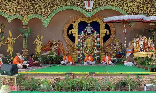 Vedic pundits taking part in Sundarakanda Parayanam at Nada Niranjanam platform at Tirumala on Sunday