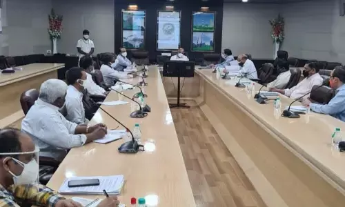 TSGENCO & TSTRANSCO CMD D Prabhakar Rao at a review meeting at Vidyut Soudha in Hyderabad on Monday