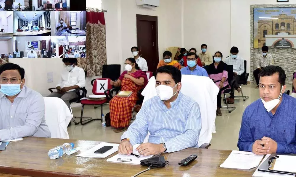 District Collector Karthikeya Misra holding videoconference with officials in Eluru on Tuesday