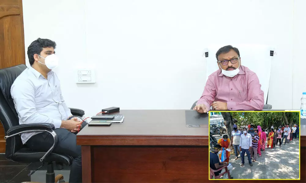 Collector Dr Pola Bhaskara conducting a meeting with officials  at the collectorate in Ongole on Tuesday