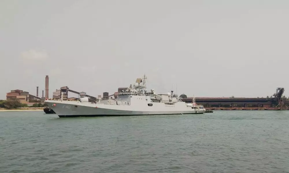 Indian Naval Ship Talwar, the first ship of Op Samudra Setu II, entering the port of New Mangalore with 54 tons of liquid oxygen from Bahrain
