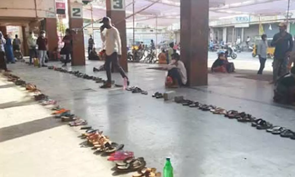 COVID-19: Chappals in queue at Khammam testing centre