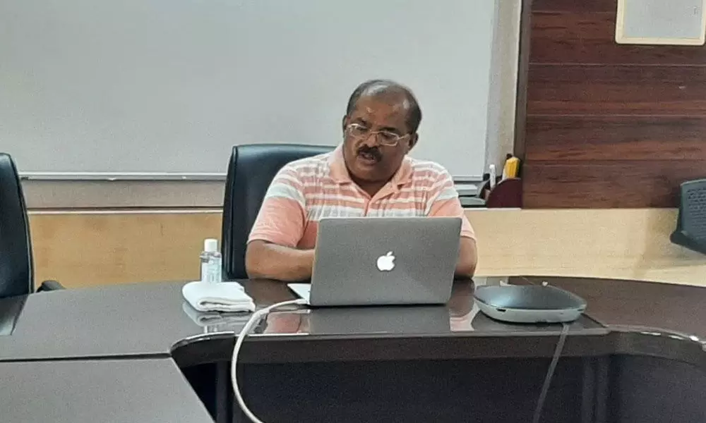 Krishna District Collector Md Imtiaz speaking to officials over a  Zoom conference on Saturday