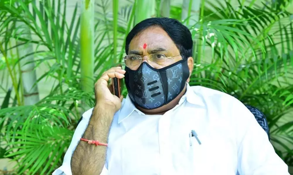 Panchayat Raj Minister Errabelli Dayakar Rao speaking to corona positive patients from Palakurthy on Saturday