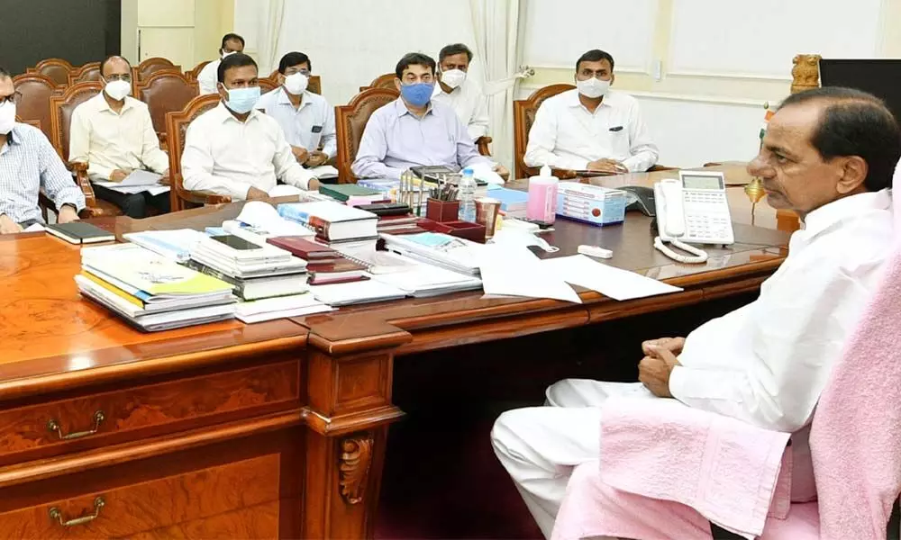 Chief Minister K Chandrasekhar Rao reviewing Covid situation at Pragathi Bhavan in Hyderabad on Sunday