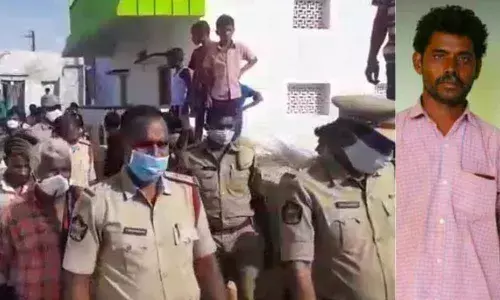 Police taking the stock of situation at Nidzur village on Sunday; File photo of deceased Kuruva Srinivasulu