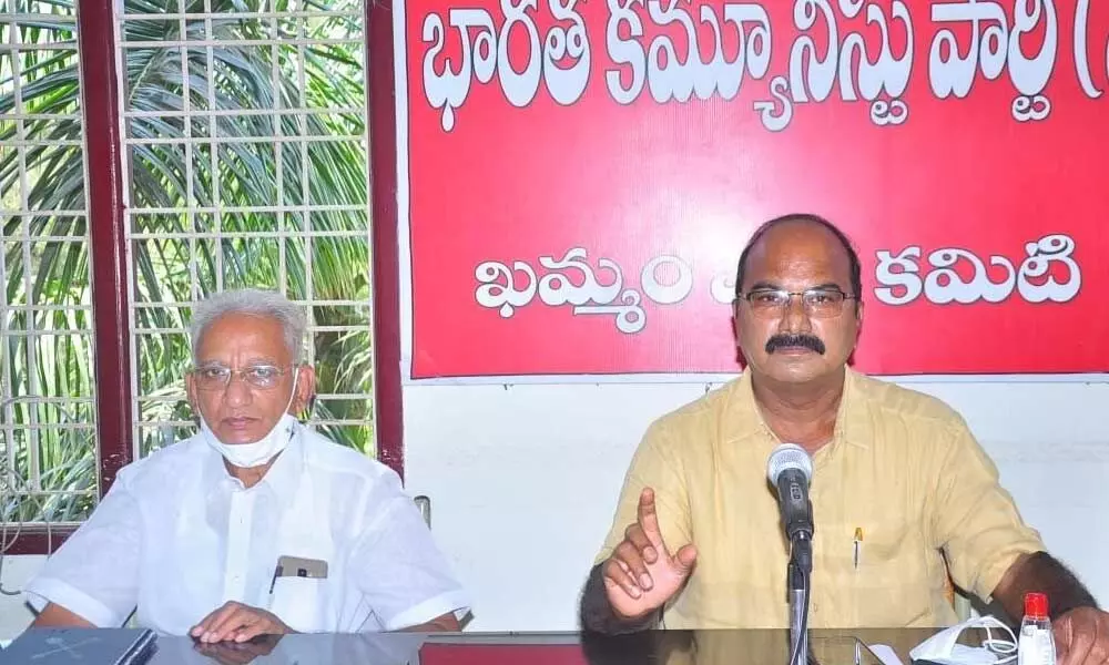 CPM district secretary Nunna Nageswara Rao addressing the media at district party office on Monday