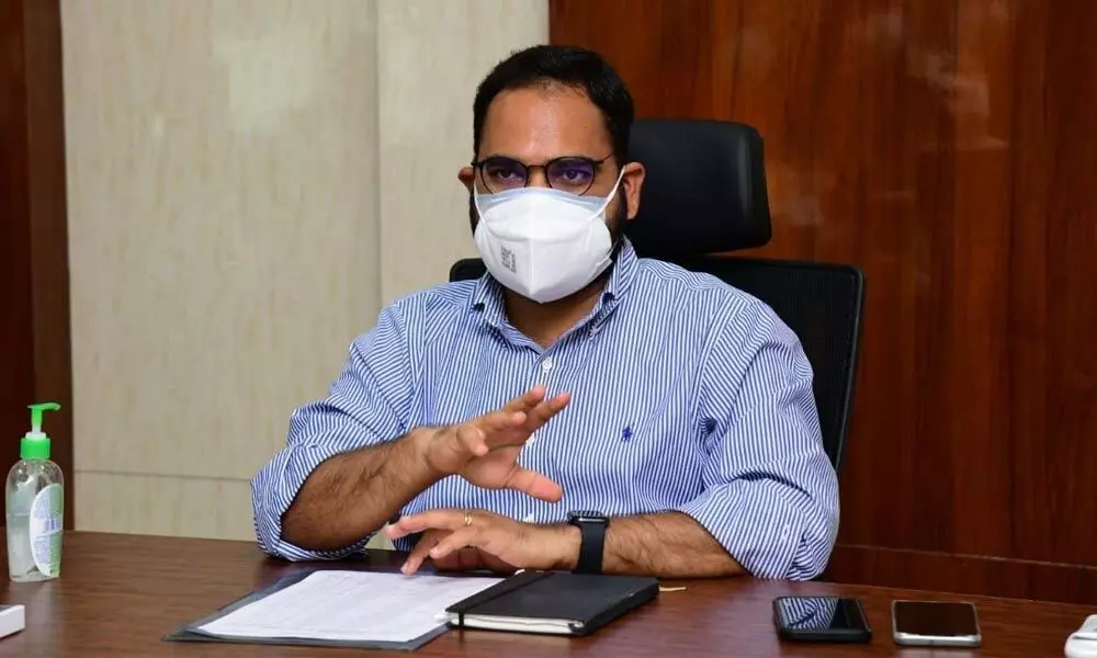 District Collector K Shashanka during a tele-conference with health officials and Nodal Officers from the Collectorate camp office in Karimnagar on Tuesday