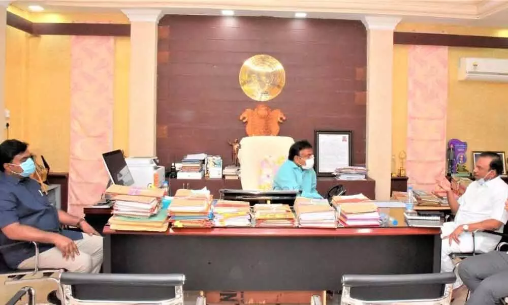 MP Magunta Srinivasulu Reddy meeting with Collector Dr Pola Bhaskara and Joint Collectors Murali and Chetan in Ongole on Wednesday