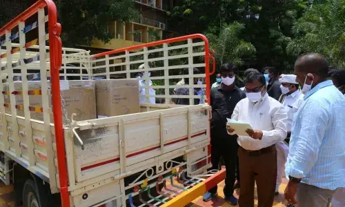 Collector Dr Pola Bhaskara receiving oxygen concentrators at the Collectorate in Ongole n Thursday