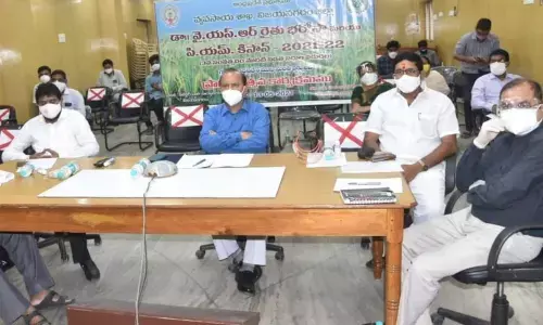 MP B Chandrasekhar, Collector M Harijawaharlal and MLC P Sureshbabu at the launching of Rythu Bharosa scheme, in Vizianagaram on Thursday