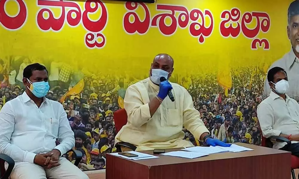TDP State president K Atchannaidu speaking at a press conference in Visakhapatnam on Friday