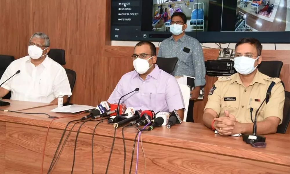 District Collector K V N Chakradhar Babu addressing media in Nellore on Sunday. SP Bhaskar Bhushan and RVEO Rajeswar Reddy are also seen