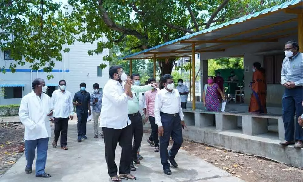 MLA Jakkampudi Raja inspecting ESI hospital in Rajamahendravaram on Monday