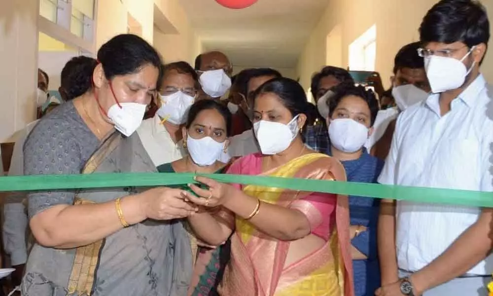 Tribal Welfare Minister Satyavathi Rathod inaugurating a Covid-19 treatment center at Garla in Mahabubabad district on Monday.