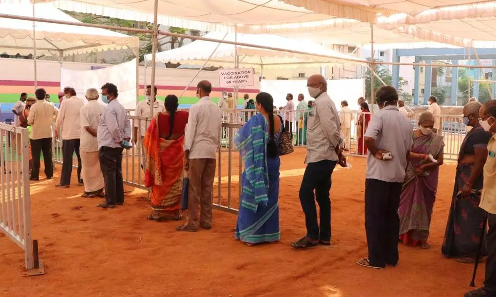 A long queue for Covaxin at Indira Mydanam in Tirupati on Tuesday