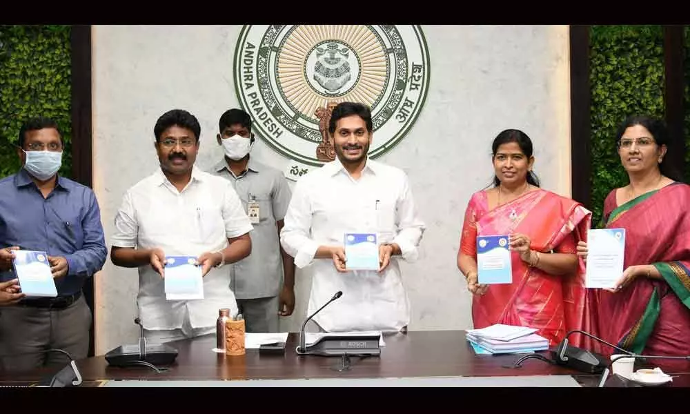 Chief Minister Y S Jagan Mohan Reddy releases  Spoken English book and CDs for Anganwadi children at camp office on Wednesday