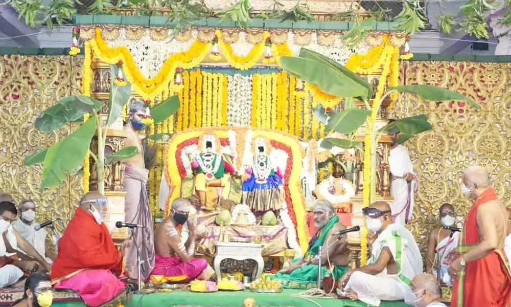 Priests performing puja at Annavaram on Friday