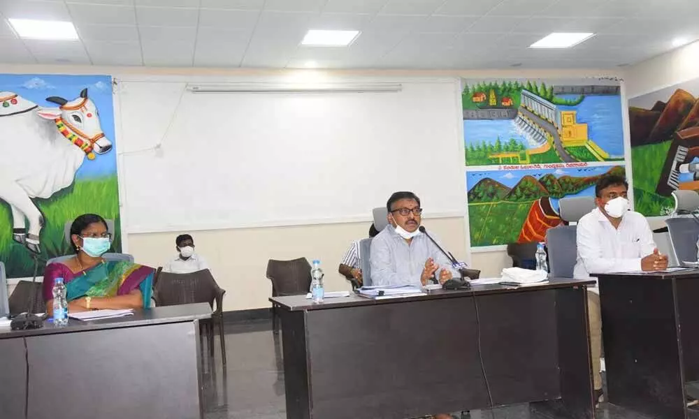 Prakasam District Collector Pola Bhaskara holding a meeting with mandal-level officers in Ongole on Saturday