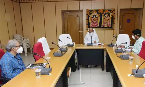 TTD EO and Chairman of State Covid Command Control Centre Dr K S Jawahar Reddy conducting a review meeting on Covid situation with Chittoor Collector Harinarayanan, in Tirupati