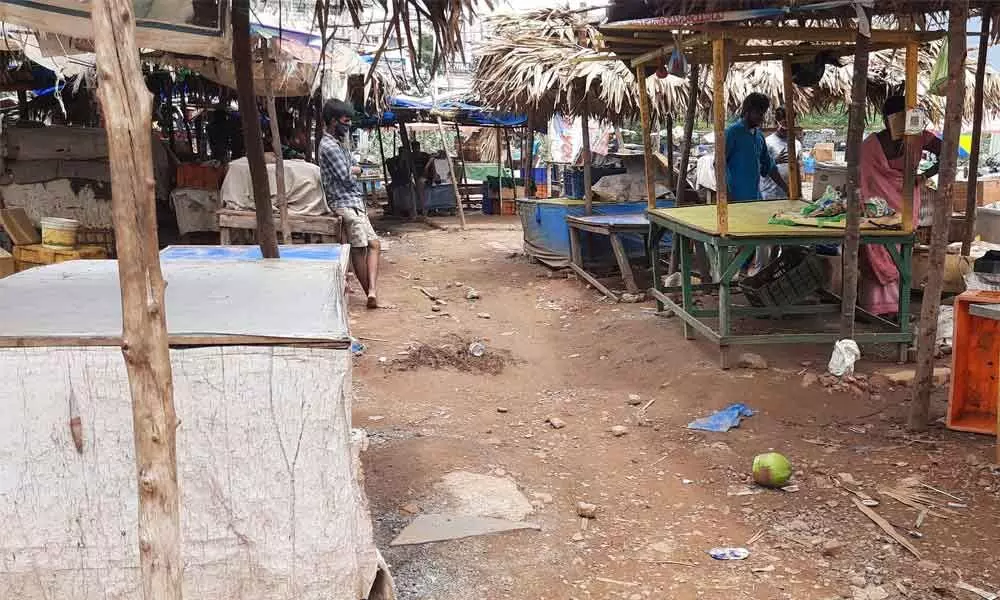 The busy fish market in Visakhapatnam looks deserted on Sunday.