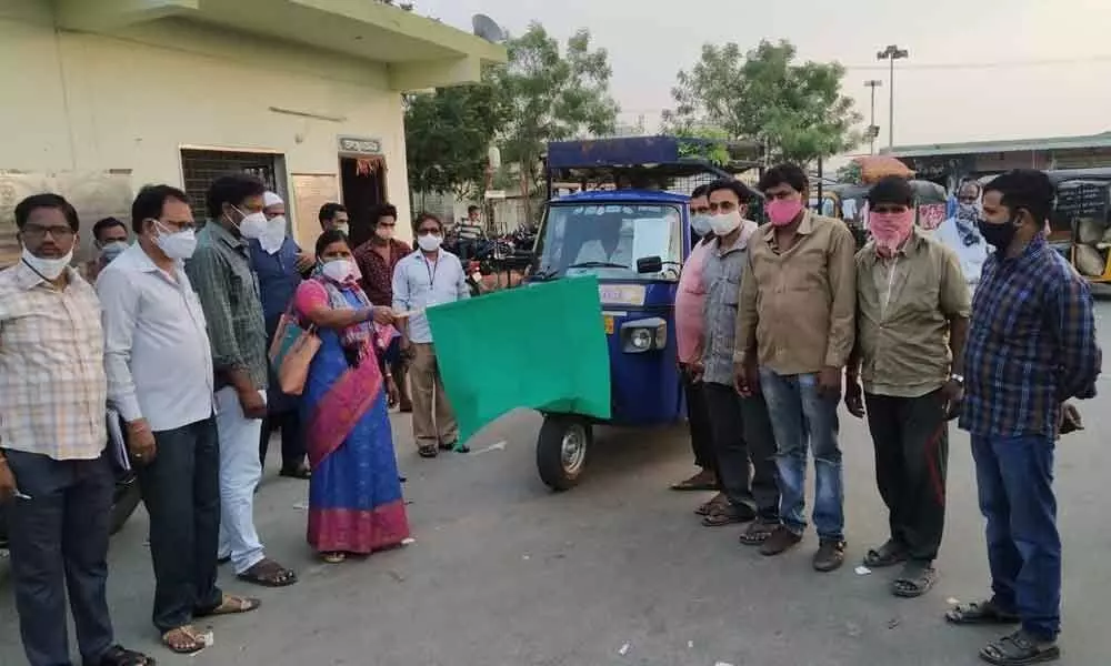 District Collector Narayana Reddy launching 13 mobile vegetable vehicles in the town on Sunday
