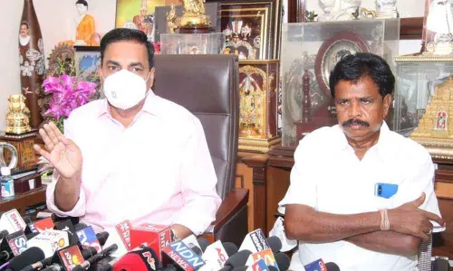 Sarvepalli MLA Kakani Govardhan Reddy addressing the media along with B Anandaiah in Nellore on Sunday