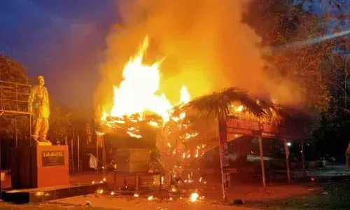 The tent set up by all trade union leaders to participate in the Ukku stir went up in flames in Visakhapatnam on Sunday
