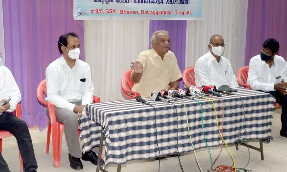 CPI national secretary K Narayana speaking to media in Tirupati on Monday