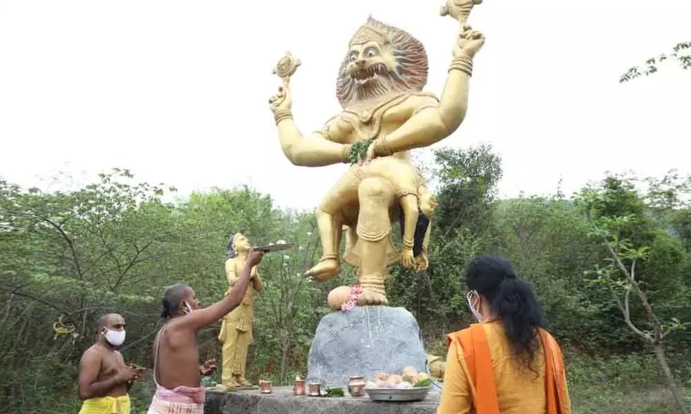 Devasthanam priests performing a special puja to Lord Narasimha Swamy marking Narasimha Jayanti on Tuesday  in Visakhapatnam
